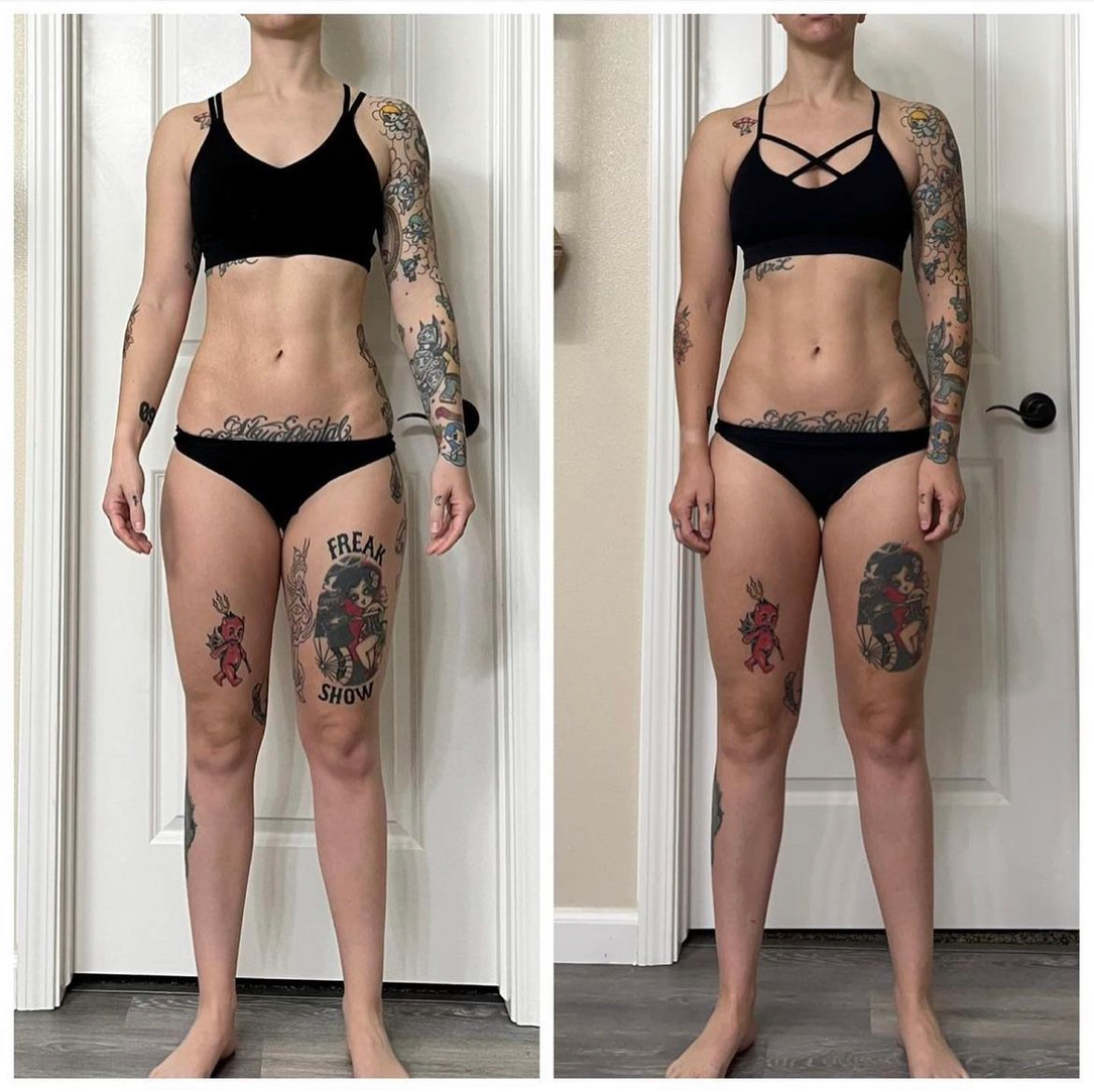 Two side-by-side photos of a person in black undergarments, tattoos visible. Comparing body shapes.