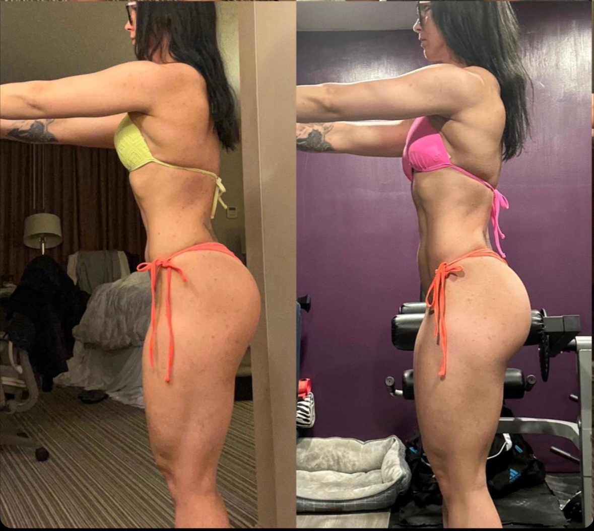 Two side-by-side photos of a person in a bikini, showing changes in physique. They are flexing.