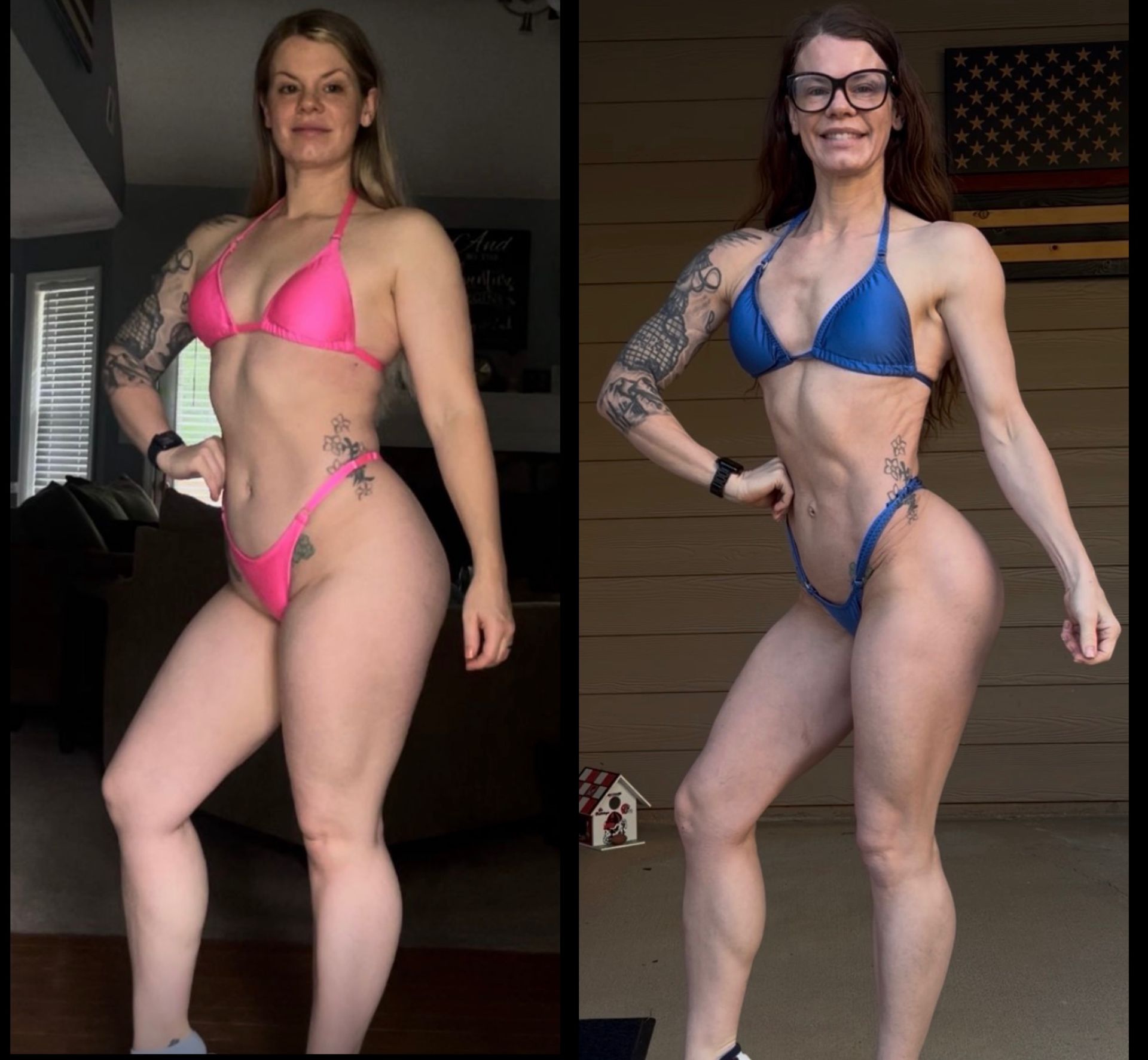 Side-by-side photos of a person in bikinis showing fitness progress. The left bikini is pink, and the right one is blue.