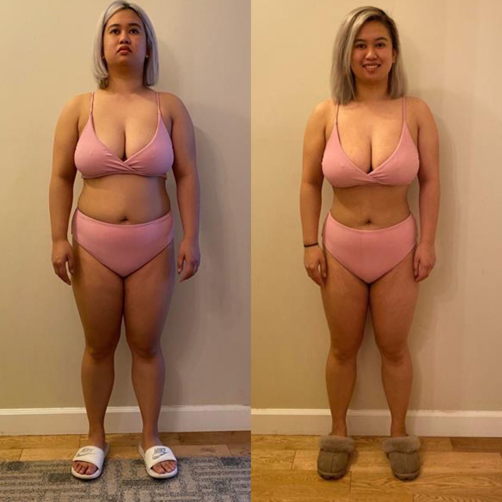 Before-and-after of a person in pink lingerie. Left: neutral expression. Right: smiling.