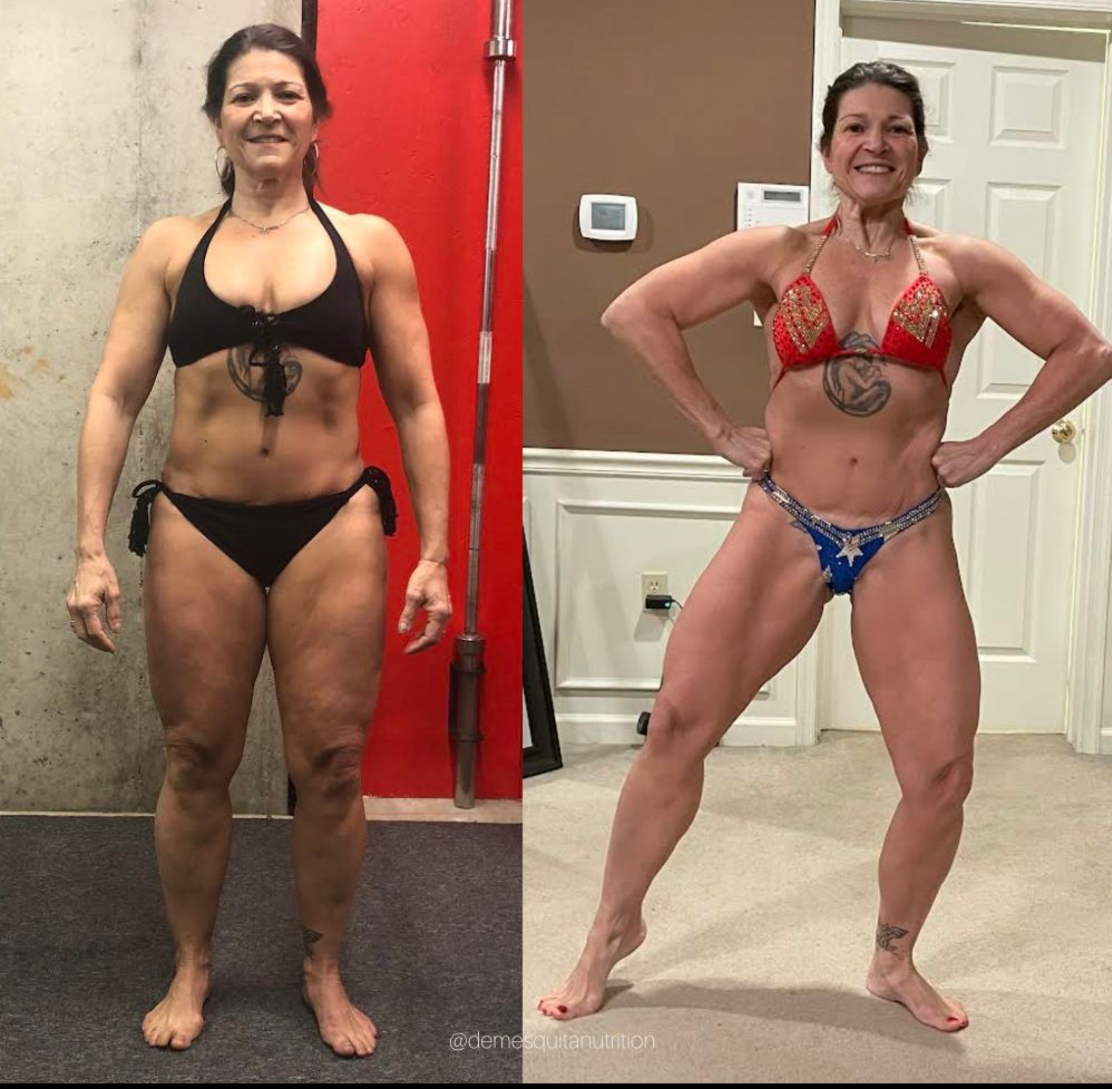 Woman in black bikini before, in red and blue bikini after, showing fitness progress in gym setting.