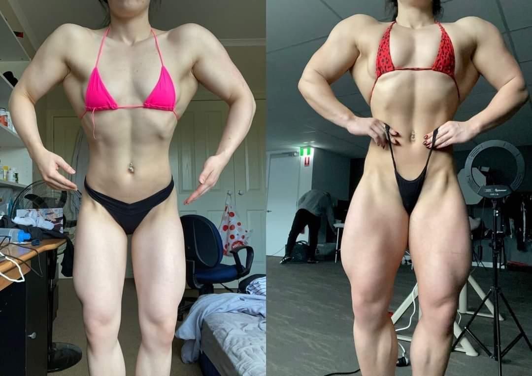 Two photos side-by-side. Bodybuilder in bikini poses, significant muscle growth. One pink, one red bikini.