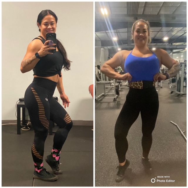Two side-by-side photos of a woman in workout clothes at a gym, posing to show her muscles.