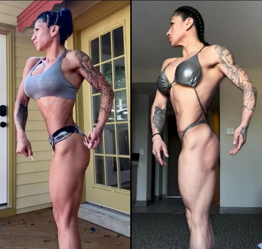 Two side-by-side photos of a bodybuilder. Left: in a sports bra and shorts. Right: posing in a bikini. Both poses showing muscle definition.