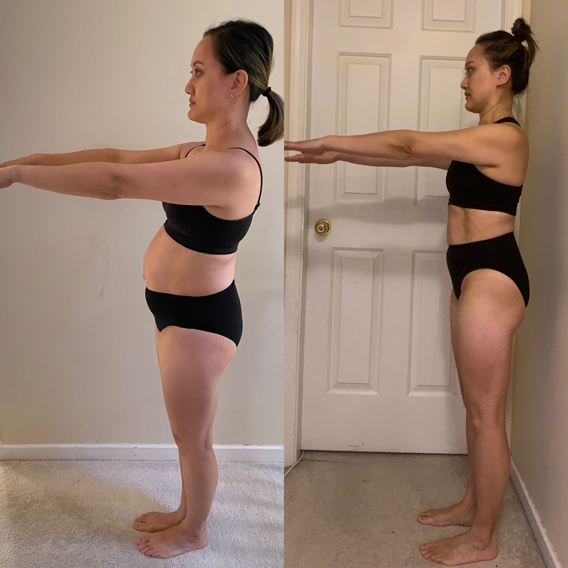 Side-by-side comparison. Woman in black underwear and sports bra; before and after fitness. Leaner physique in after photo.