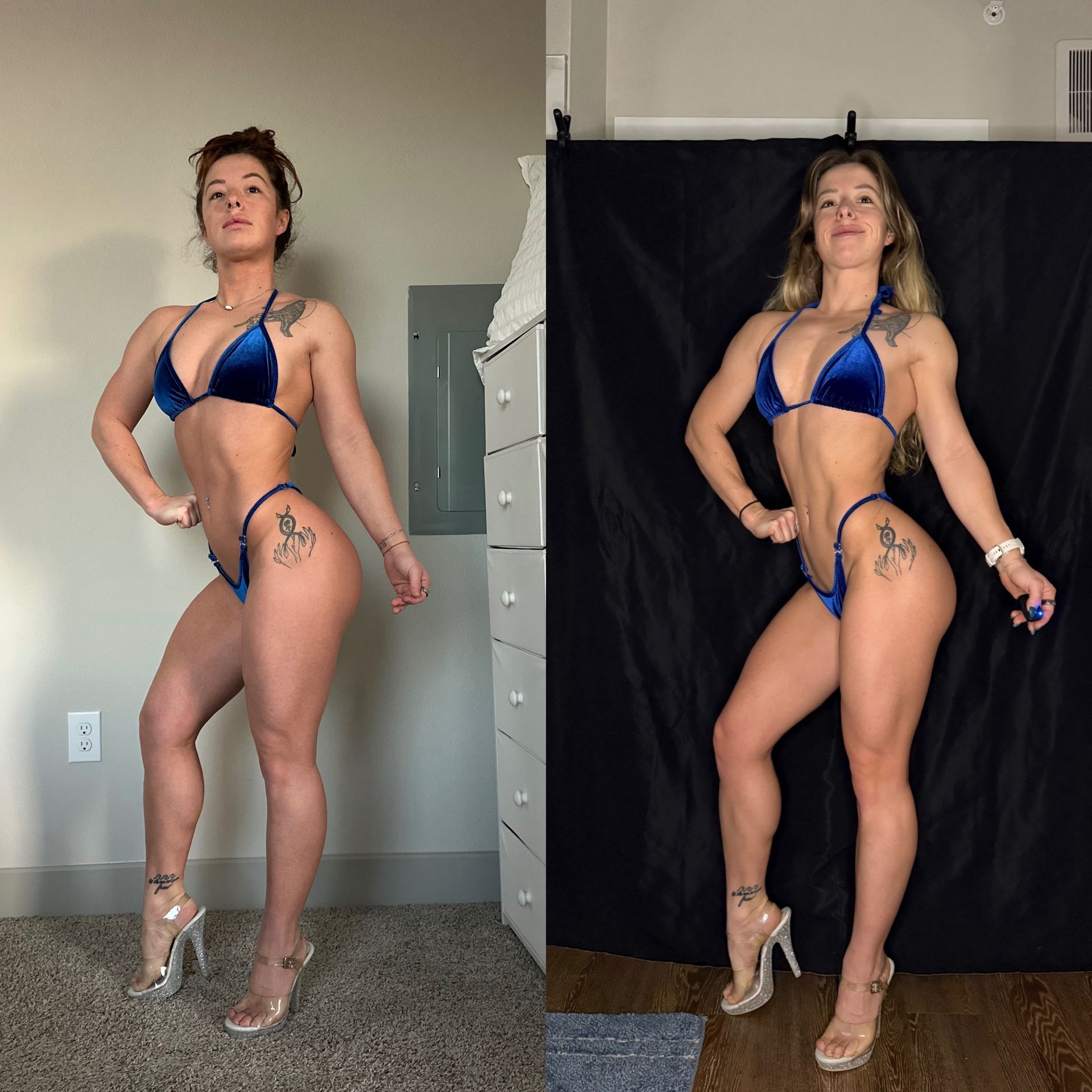 Two photos side-by-side of a person in a blue bikini posing in heels, one on a neutral wall, the other on a black backdrop.