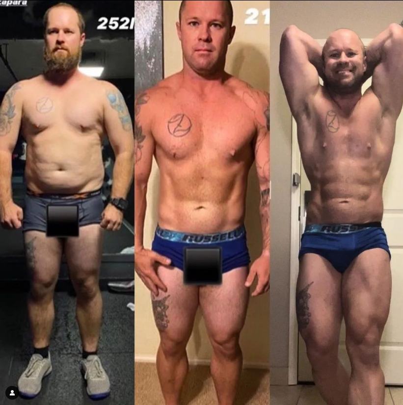 Three shirtless photos of a man, showing weight loss and muscle gain over time.