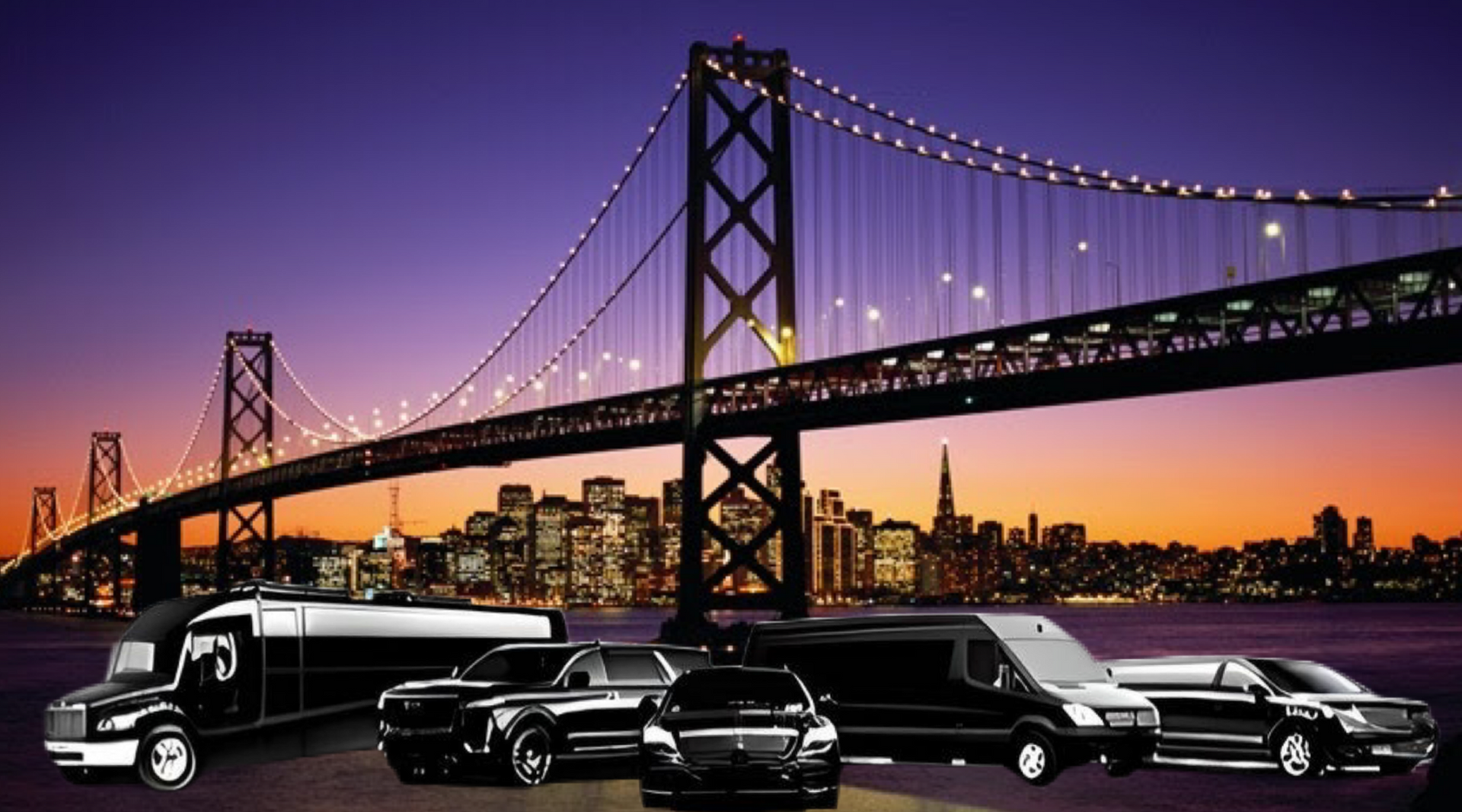 A line of black luxury vehicles parked in front of the San Francisco-Oakland Bay Bridge at sunset.