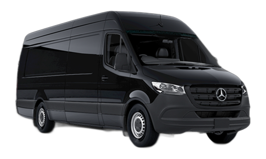 A black Mercedes-Benz Sprinter van viewed from the front-side angle against a white background.