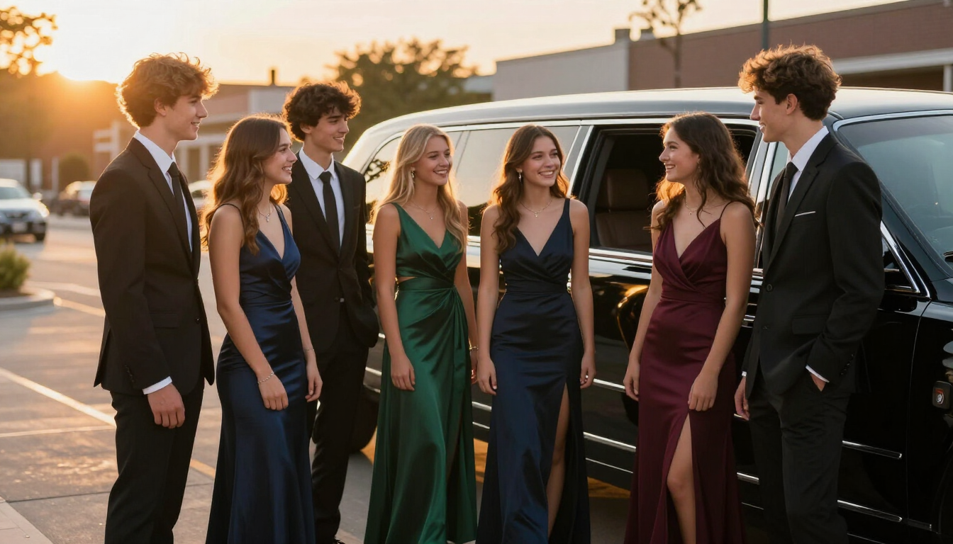 Teens in formal wear by a luxury limousine for homecoming.