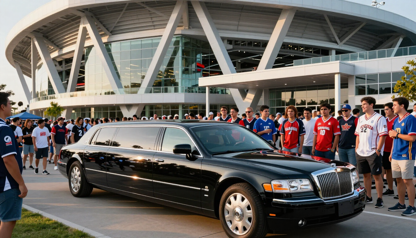 A luxury black limousine arriving at a sports stadium for a game day event.