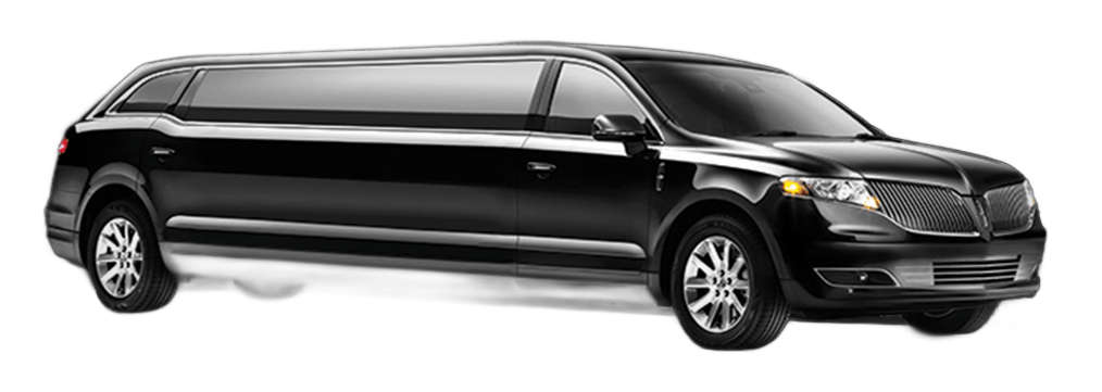 A black Lincoln stretch limousine isolated against a plain white background.