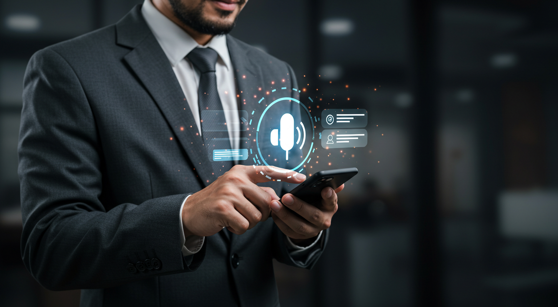 A man in a suit and tie is using a smart phone.