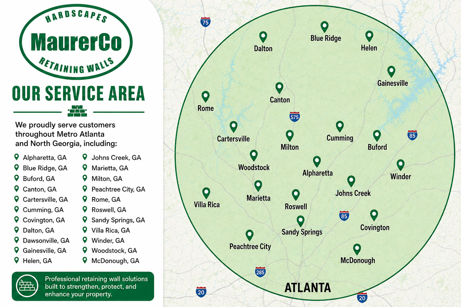 Mauerco heating and cooling service area map with Georgia counties highlighted and Atlanta marked