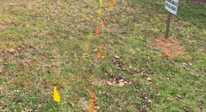 Grassy area with orange survey flags and a small sign at the edge of the frame.