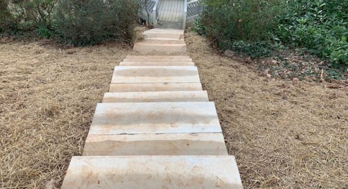 Outdoor concrete steps leading up a dirt path between dry grass and shrubs to a gate