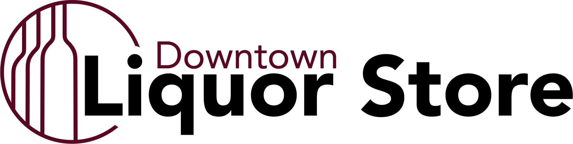 The logo for the downtown liquor store has a bottle of wine in a circle.