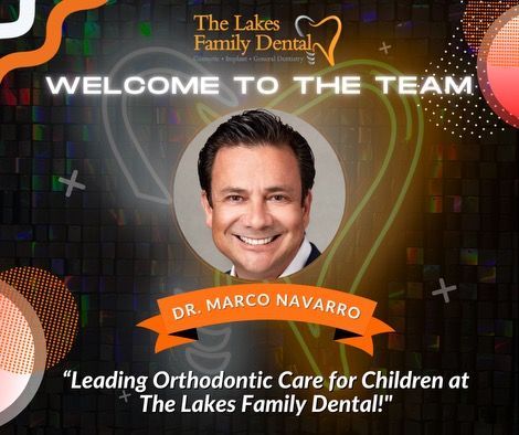 An advertisement for the lakes family dental with a picture of dr marco navarro