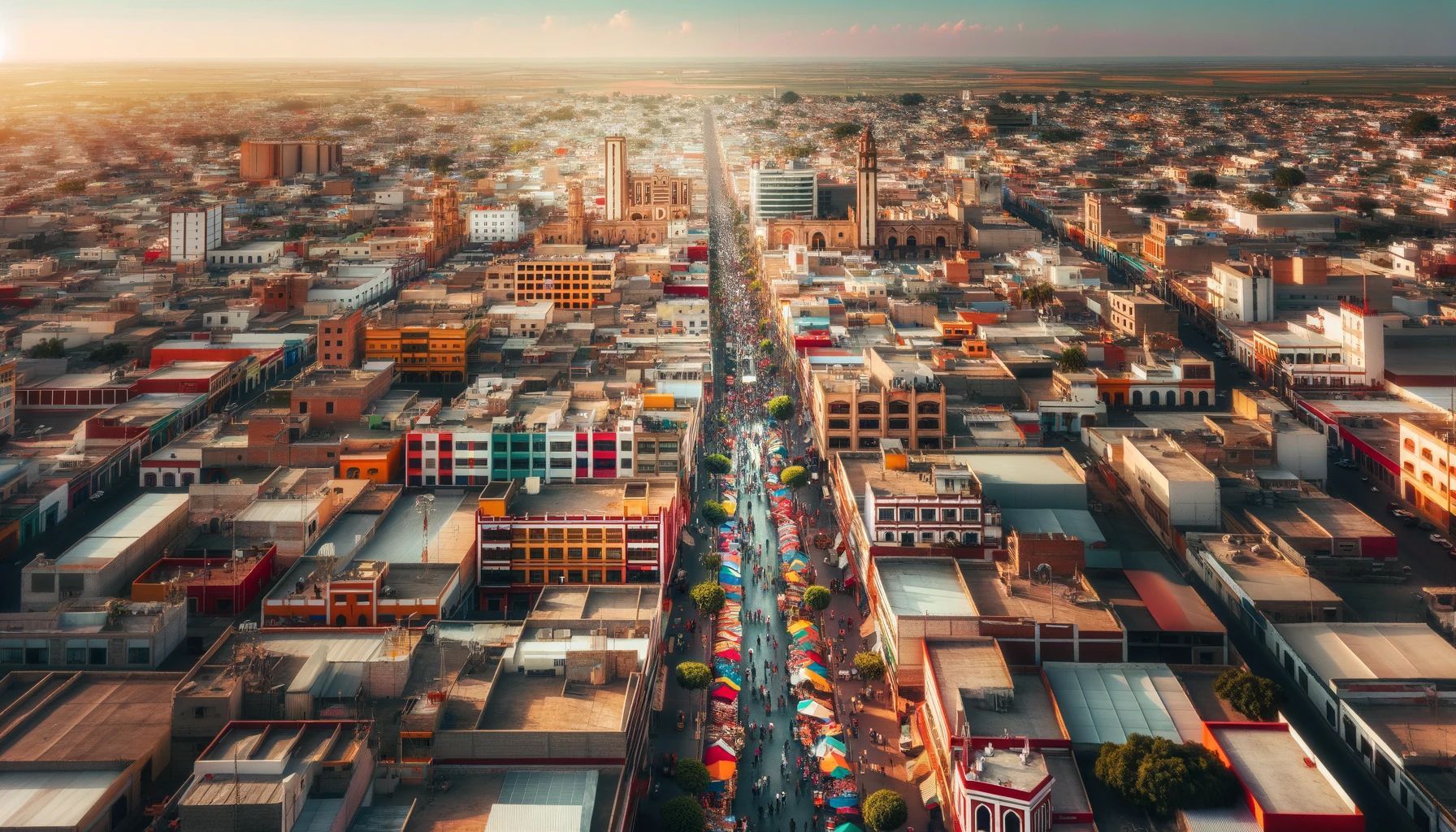 An aerial view of a city with lots of buildings and a busy street.