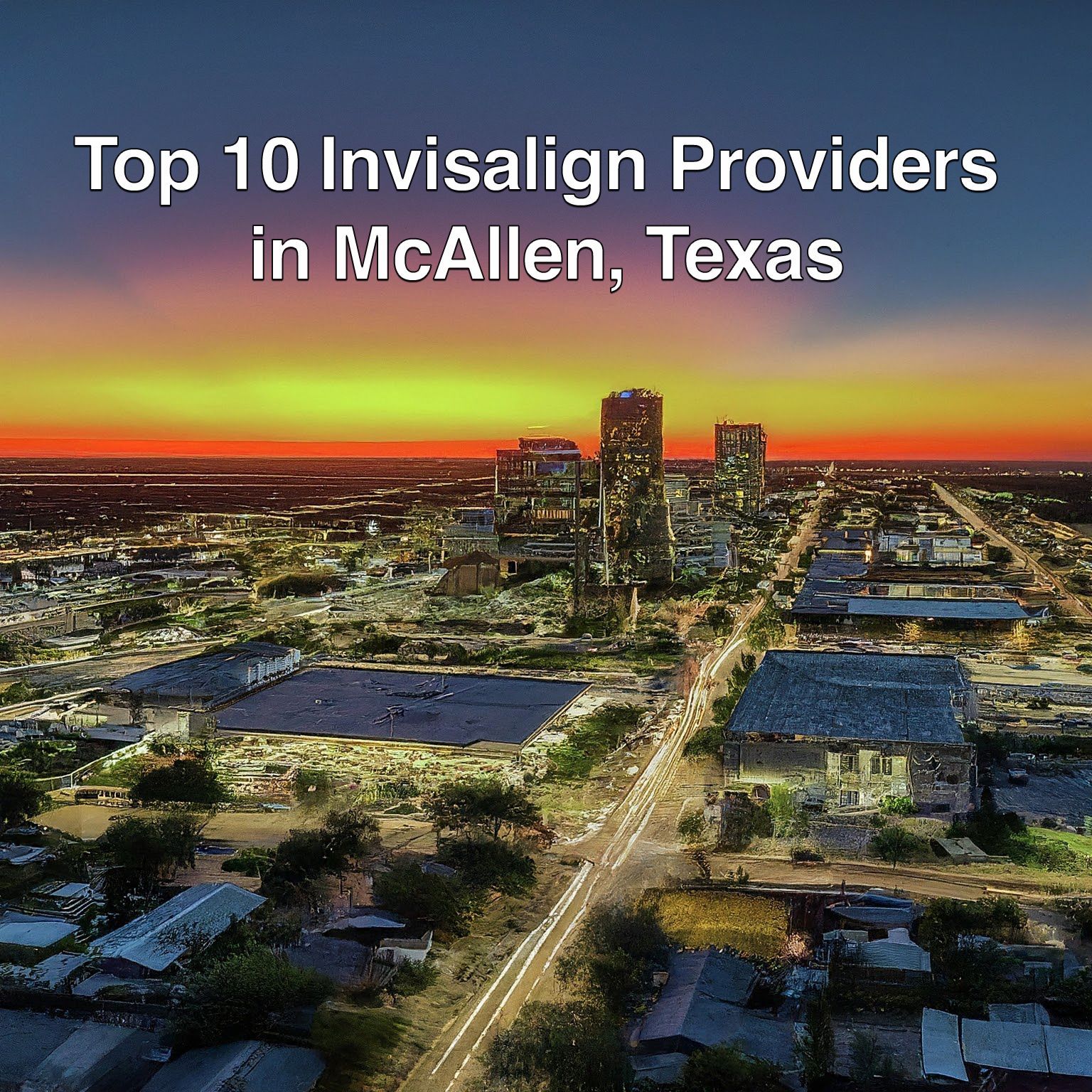 An aerial view of a city with the words top 10 invisalign providers in mcallen texas