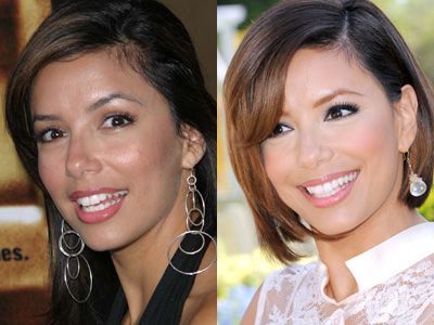 A before and after photo of a woman wearing earrings