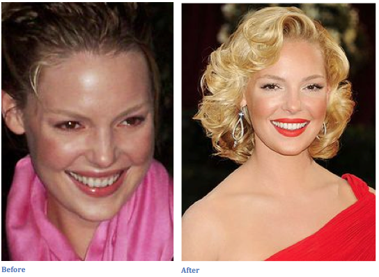 A before and after photo of a woman with blonde hair