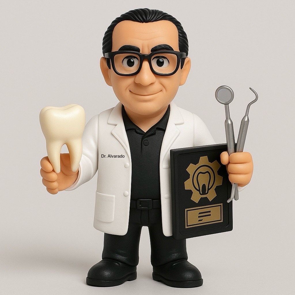 A figurine of a dentist holding a tooth and a book