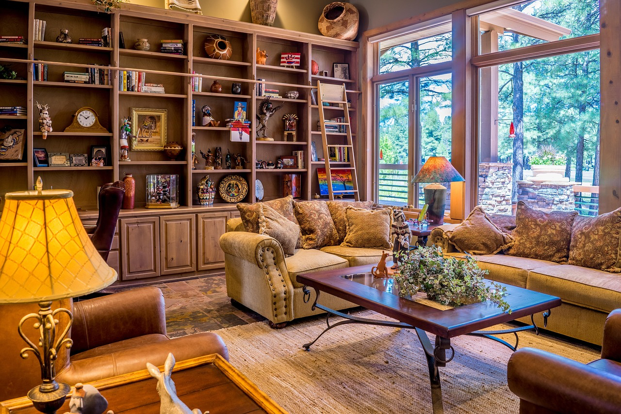Cozy interior of a home with sofas and shelves