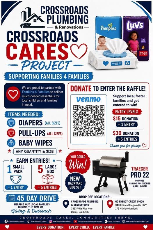Crossroads Plumbing “Crossroads Cares Project” diaper drive flyer with donation and raffle details