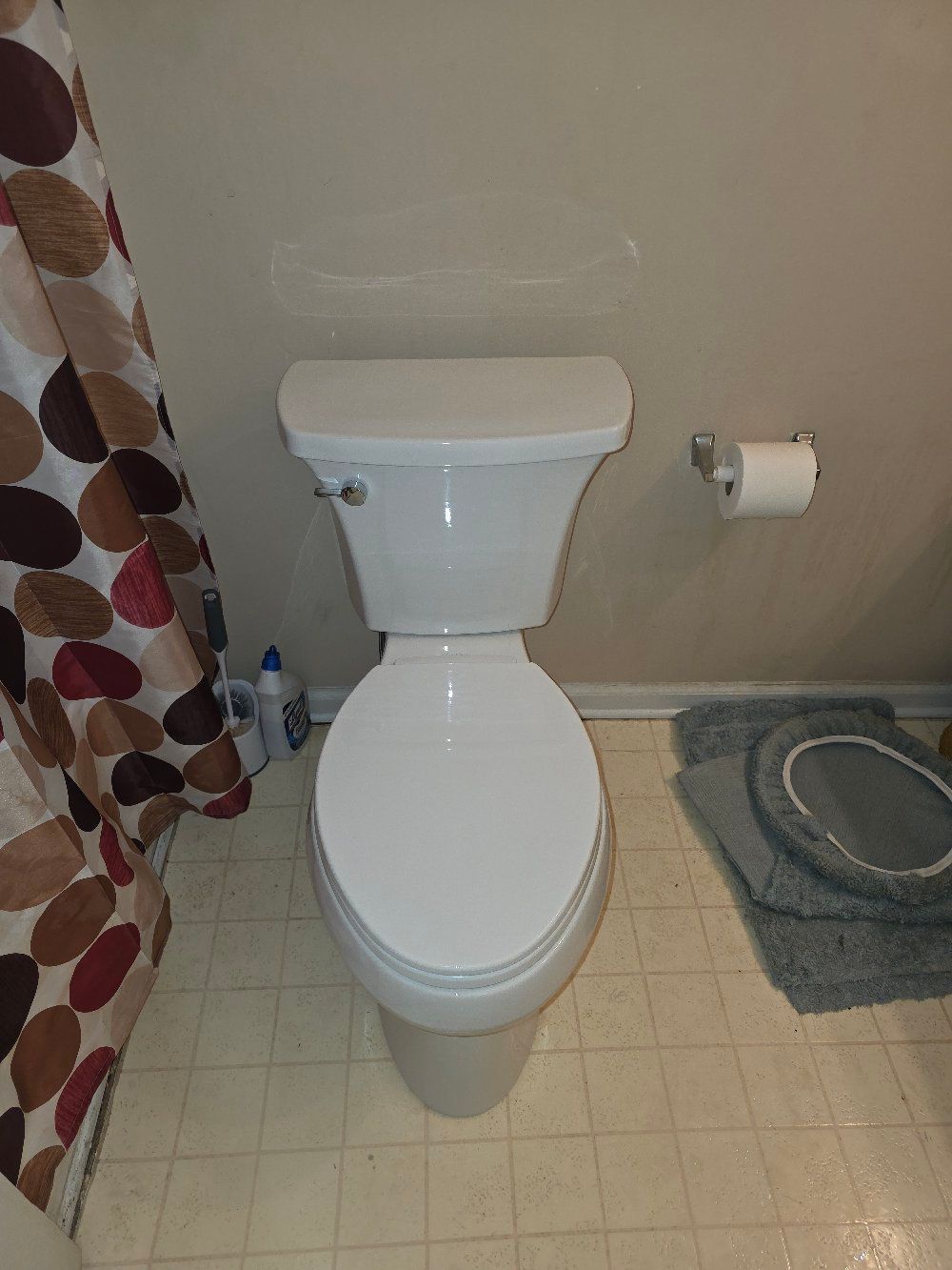 Small bathroom with a white toilet, patterned shower curtain, and toilet paper holder.