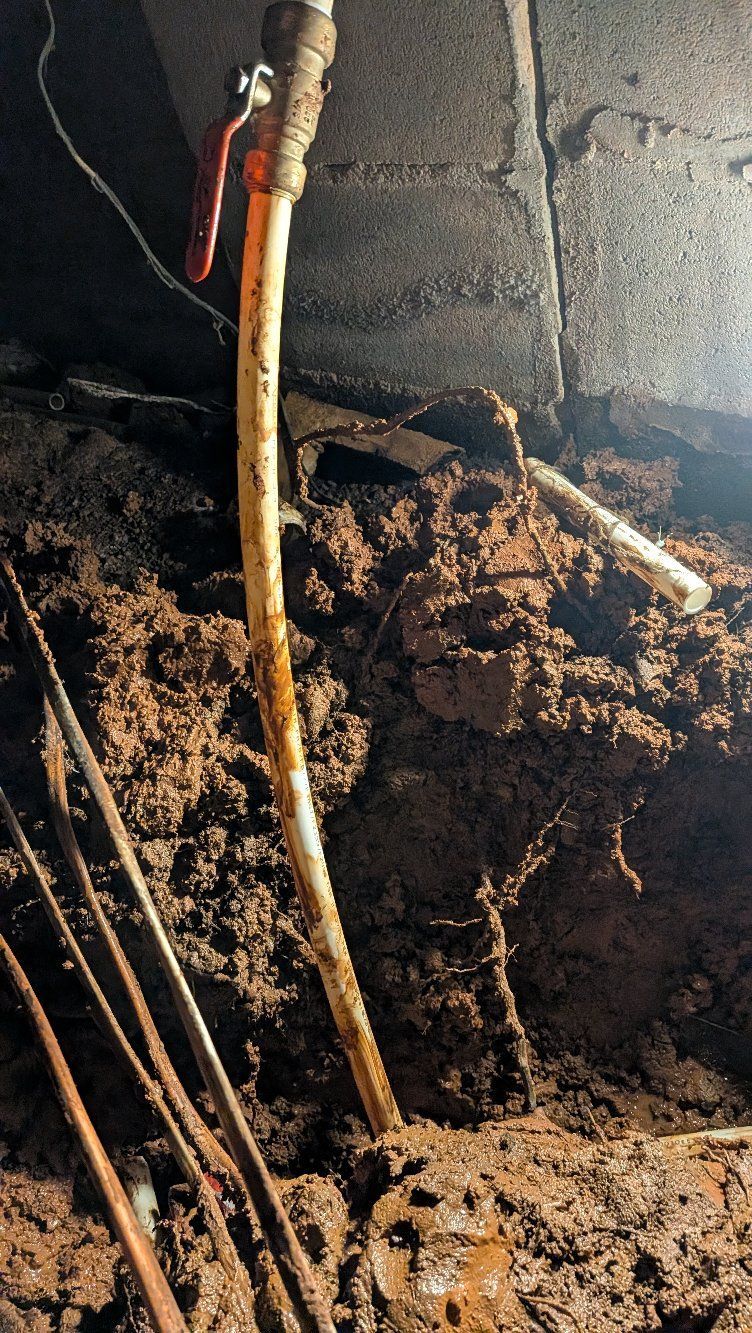 Unearthened pipes and a red-handled valve in a muddy trench beside a rough concrete wall.