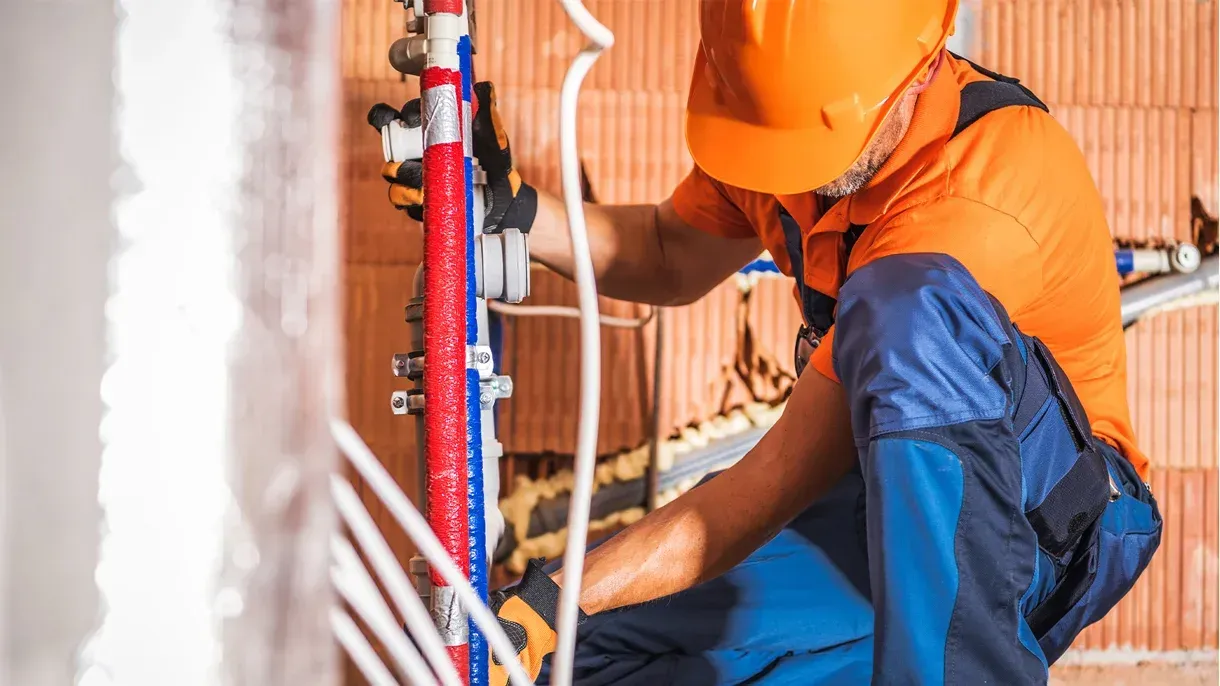 A plumber is working on a pipe in a room.