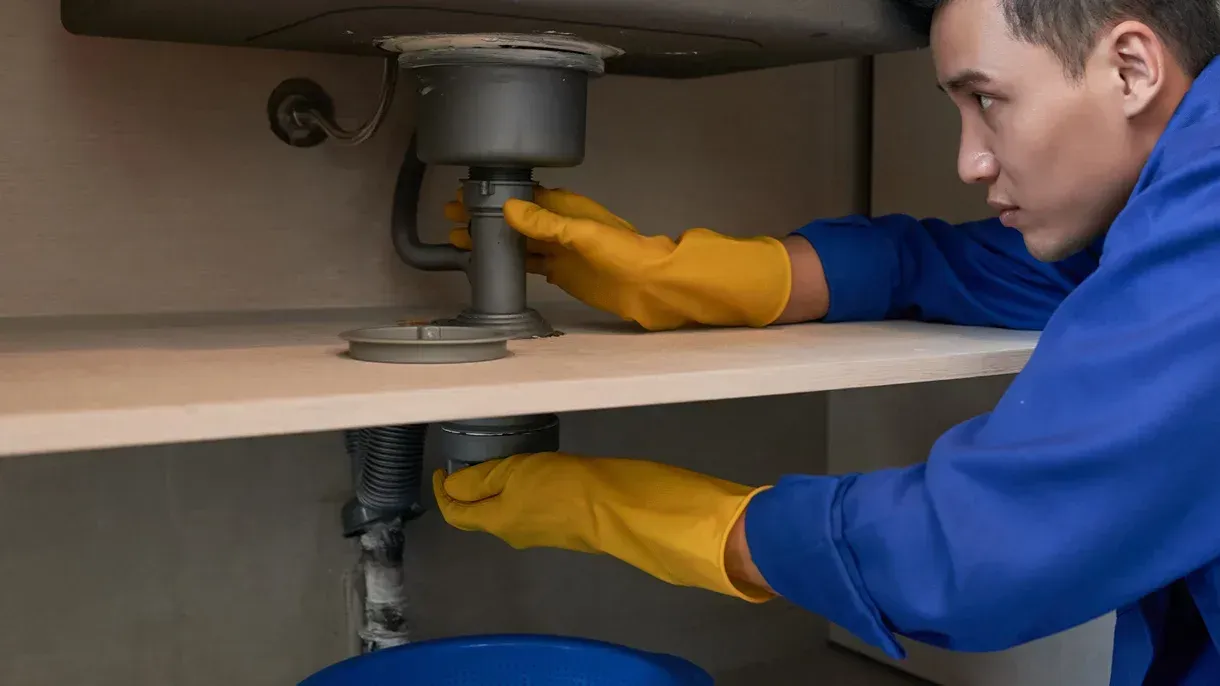 A man wearing yellow gloves is fixing a sink in a kitchen.