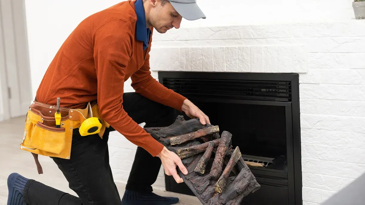 A man is kneeling down in front of a fireplace holding a pile of logs.