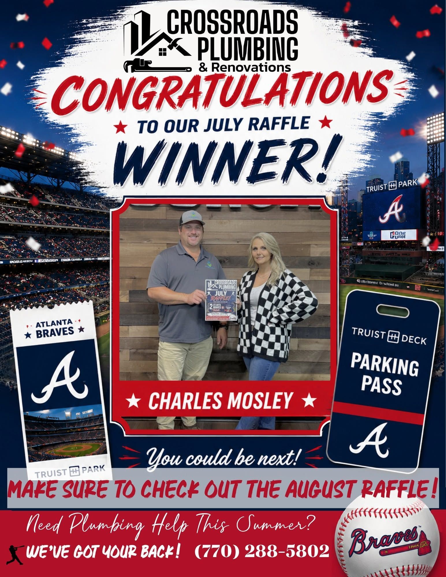 Crossroads Plumbing raffle winner announcement with man and woman holding a prize in a stadium-themed design