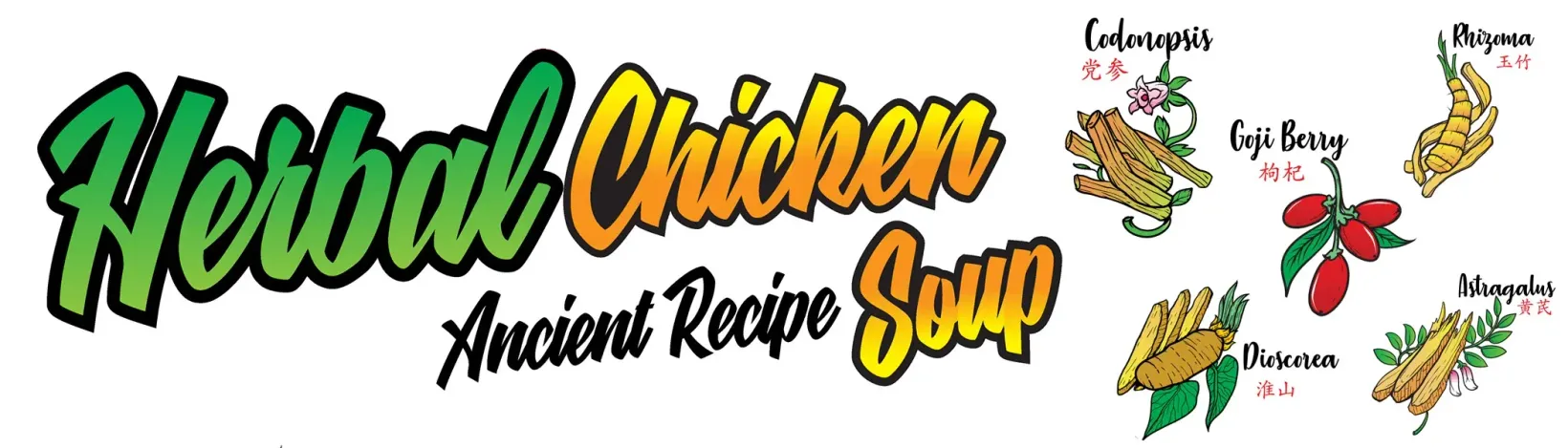 Herbal Chicken recipe soup banner with green title and scattered herbs/spices on white background