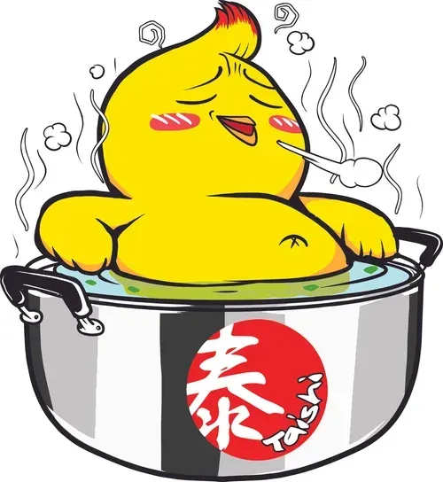 Cartoon yellow chick steaming in a metal pot with red logo on the side