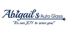 Abigail's Auto Glass logo in blue script with the slogan &ldquo;It&rsquo;s our JOY to serve you!&rdquo;