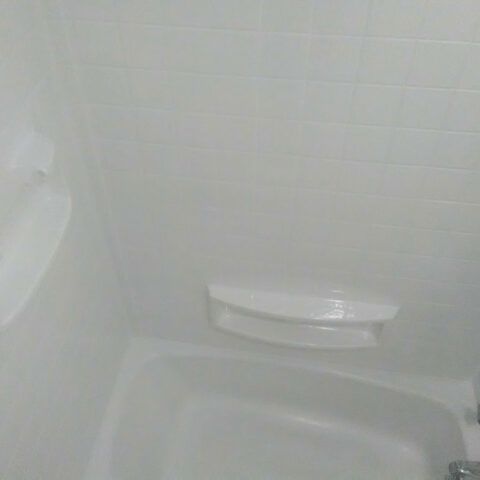 White bathtub and tiled shower wall with built-in soap dish.