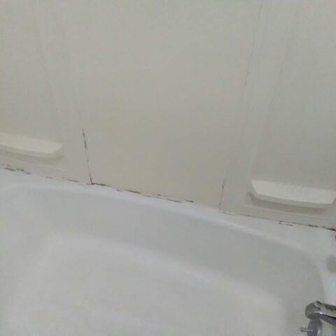 Cracked bathroom wall above a white tub with two built-in soap shelves.