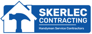 Skerlec Contracting logo with blue house and hammer icon, white text on blue background