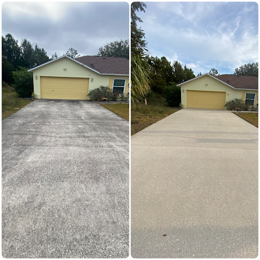 Before-and-after view of a driveway leading to a yellow garage, showing resurfacing from worn to smooth concrete.