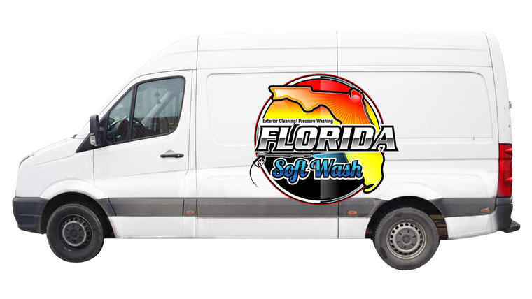 White cargo van with a large colorful Florida logo on the side.