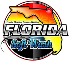 Florida Soft Wash logo for exterior cleaning and pressure washing, with red, black, yellow, and blue text.