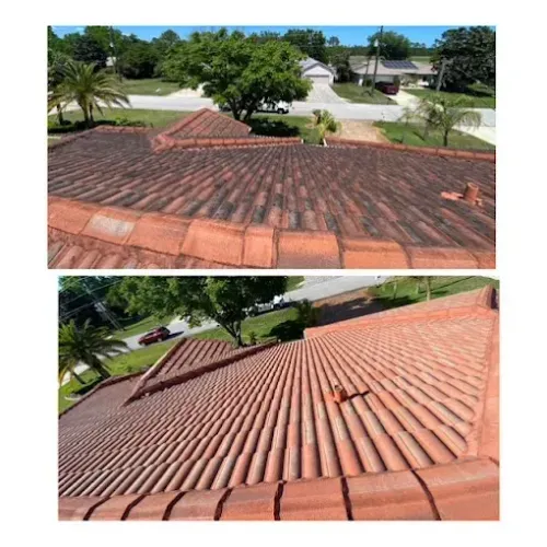 Two views of a terracotta-tiled roof from above, with a suburban street and trees beyond.