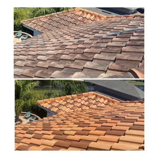 Before-and-after view of a tiled roof, showing faded gray tiles above and restored terracotta tiles below