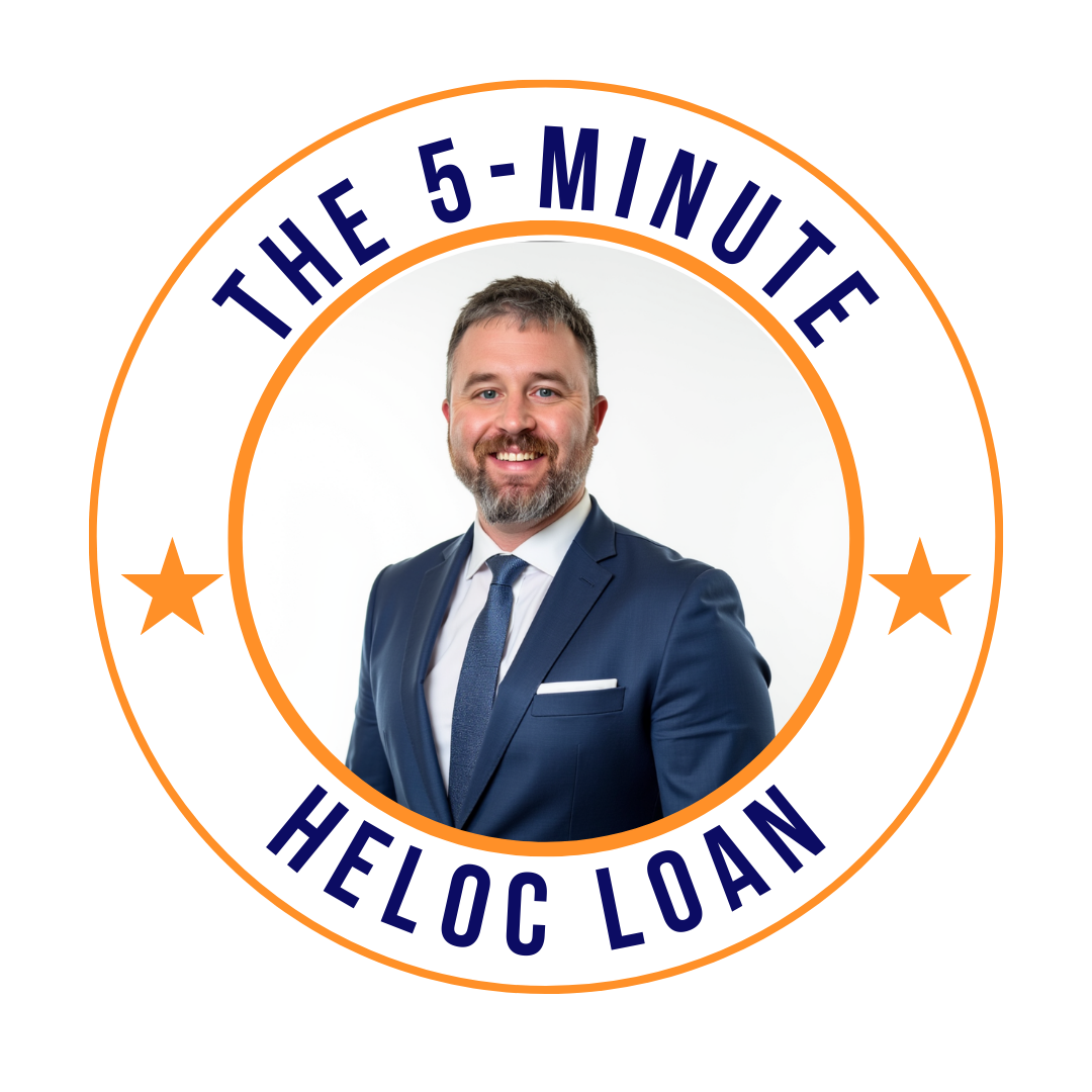 The 5-Minute HELOC Loan logo: smiling man in suit inside a circle with orange stars and text.