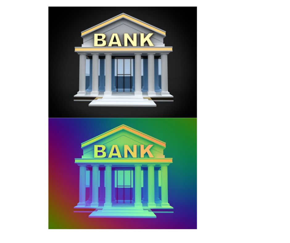 Bank building with a gradient background.