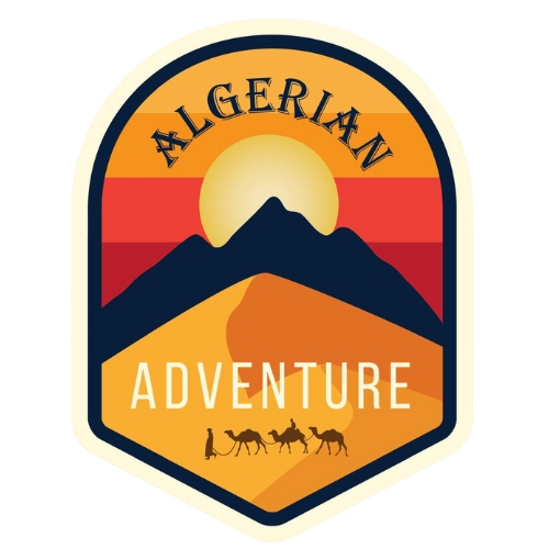 A logo depicting a sun, dark mountains, and a desert landscape with a small camel caravan, labeled