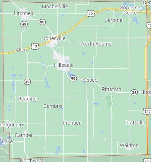 Map of Hillsdale County, Michigan, with towns and major roads labeled.